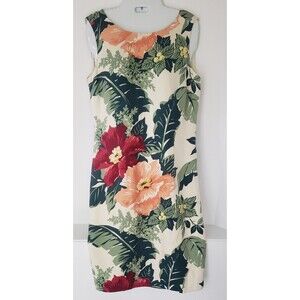 Tommy Bahama Sleeveless Tropical Floral Barkcloth Print Silk Wiggle Dress Sz 6